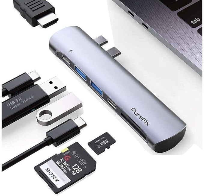 USB C Hub 7-in-1 Adapter Dongle Compatible for Apple MacBook Pro 2017-2019 and MacBook Air 2018 2019 Thunderbolt 3 with 2 USB 3.0 Ports 4K HDMI 100W PD SD/Micro SD Card Reader - Space Grey