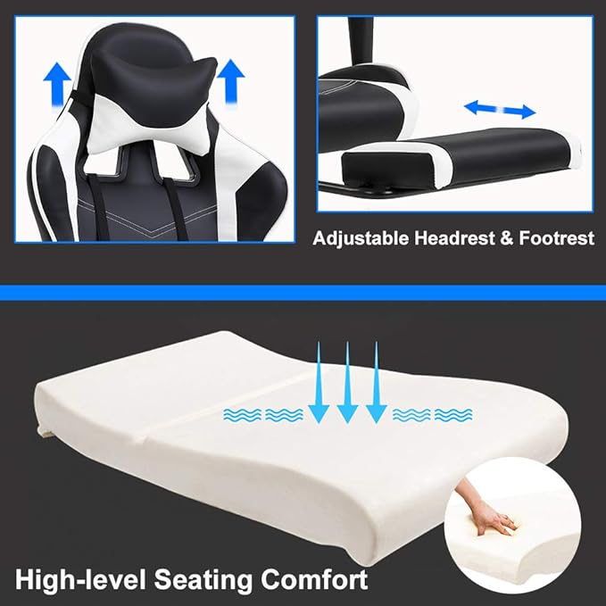 BestOffice PC Gaming Chair Racing Office Chair Ergonomic Desk Chair Massage PU Leather Recliner Computer Chair with Lumbar Support Headrest Armrest Footrest Rolling Swivel Task Chair for Adults White