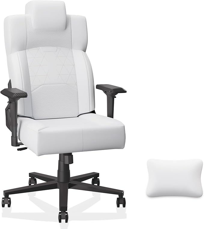 Gaming Chair Big and Tall for AdultsErgonomic Comfortable Wide Office Chair with Lumbar SupportDesk Computer Chair High Back 155° Recline with Angle LockPUWhite