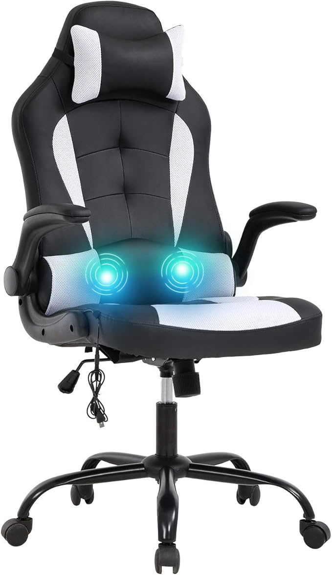Vnewone Computer Gaming Chair Office PC Ergonomic Executive Desk Racing Rolling Swivel Task PU Leather with Lumbar Support Headrest Adjustable Armrest Massager White