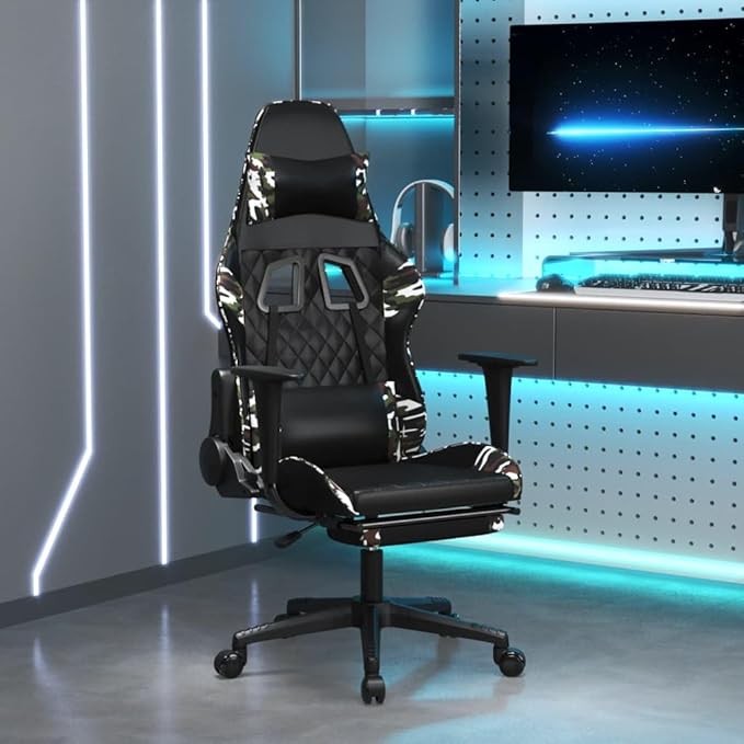 Massage Gaming Chair with Footrest Black&ampCamouflage Faux Leather