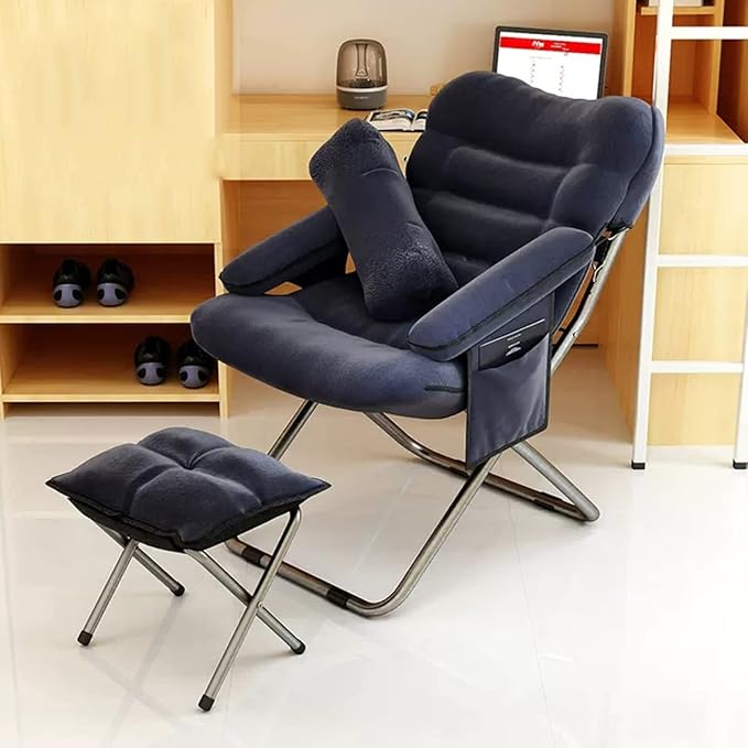 YCKEGEW Lazy Chair IndoorLounge Chair Living RoomFolding Armcharir with Footrests and PillowUpholstered Recliner SleeperReading Gaming Chair (Color : Navy Blue)