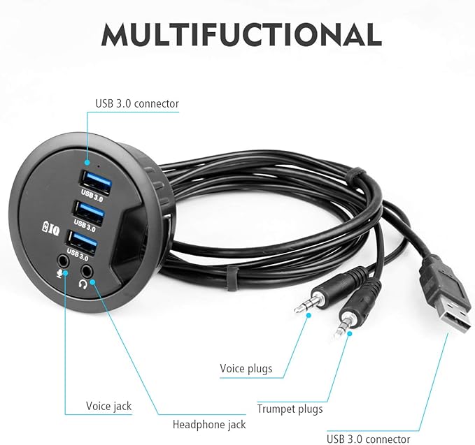WDX Grommet Hole in Desk USB 3.0 3 Port Hub BC 1.2 USB Charger with 3.5mm Sound Card Mic Phone Jack for iPhone/Smart Phones