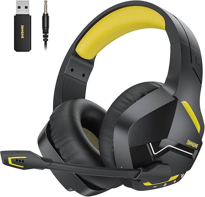BINNUNE 2.4GHz Wireless Gaming Headset Bluetooth 5.3 Gaming Headphones with Noise Canceling Mic 120H Ultra-Long Battery 50mm Drivers Multi-Platform for PC / PS5 /PS4/ Switch/Mobile Yellow