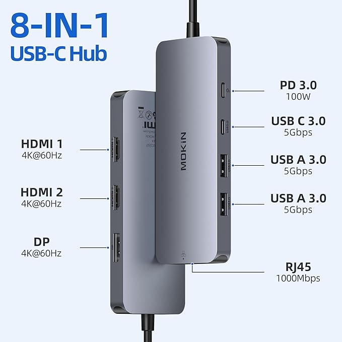 USB C Docking Station 3 Monitors MOKiN USB C Docking Station with 2 HDMI 4K DisplayPort 1Gbps Ethernet 100W PD Charging 3 USB A/C 3.0 Multiport Adapter for Dell/HP/Lenovo/Surface