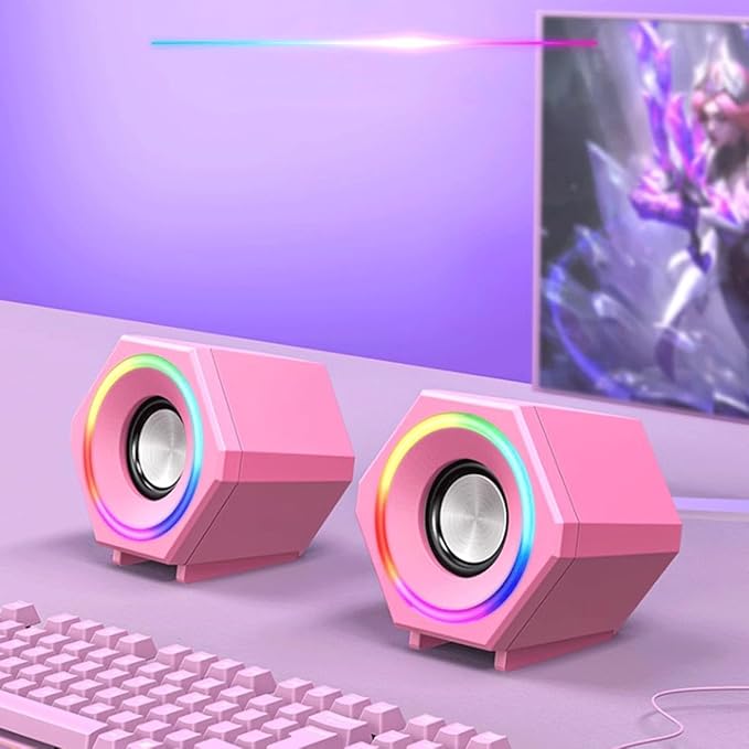 Generic RGB Computer Speaker Game led Speaker for Desktop/Tablet Computer/Laptop/Gaming Notebook for PC 2.0 Wired USB Powered Stereo Volume Control Multimedia AUX 3.5mm Pink