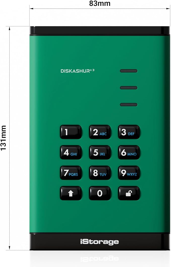 iStorage diskAshur3 HDD 4TB Green - Secure Portable Hard Drive - Password Protected - Dust &amp Water Resistant - Hardware Encryption