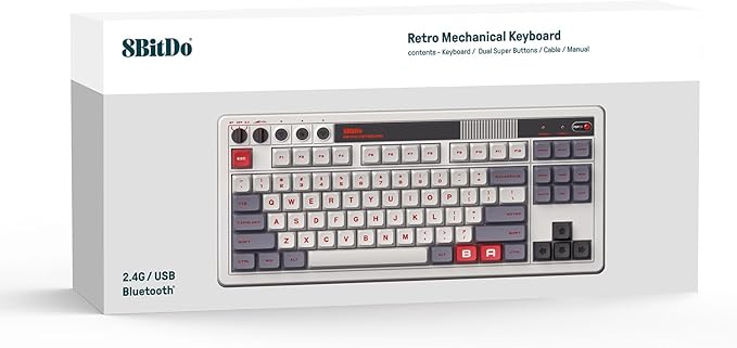 8Bitdo Retro Mechanical Keyboard Bluetooth/2.4G/USB-C Hot Swappable Gaming Keyboard with 87 Keys Dual Super Programmable Buttons for Windows and Android - N Edition