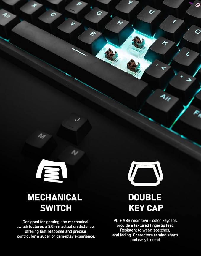 RGB Mechanical Gaming Keyboard 87 Keys TKL Design Backlit with Multiple Light Modes USB Wired Fast Response Time for PC Laptop Gaming Console