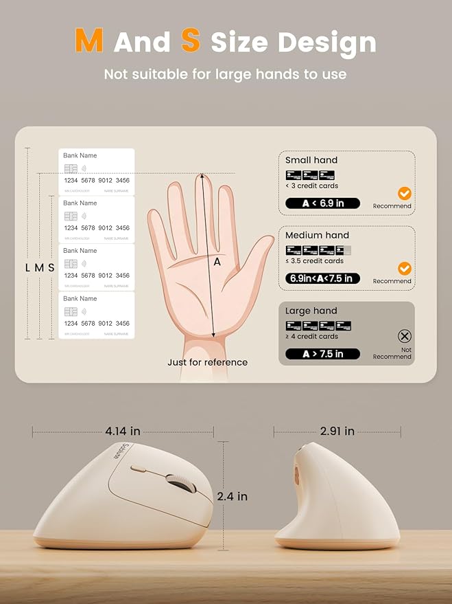 SABLUTE MAM3 Ergonomic Mouse Rechargeable Wireless Vertical Mouse with 4 Adjustable DPI for Small/Medium Hands Dual-Device Connectivity for Computer/PC/LaptopBluetooth Mouse for WindowMac OSBeige