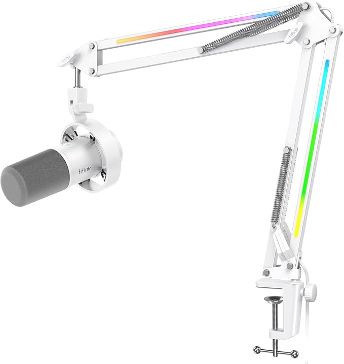 FIFINE Studio Microphone and RGB Mic Arm Bundle XLR/USB Podcast Mic with Tap-to-Mute &amp Monitoring Heavy Duty Desktop Boom Arm with RGB Control for Podcast Streaming Recording-K688W+BM38W