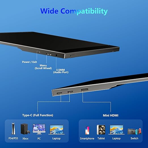 WUAWE 15.6 Inch Portable Monitor with Cover Stand 1080P FHD 60Hz External Second Computer Monitor with Speaker HDMI USB-C for PC Mac Phone PS5 Switch Xbox PS4/5.