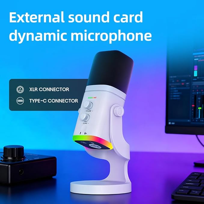 USB/XLR Desktop Dynamic Microphone with RGB Light Noise Reduction &amp Mute Button for Podcast Recording PC Computer Gaming Streaming Mic with RGB Light Mute Button Headphones Jack (White)