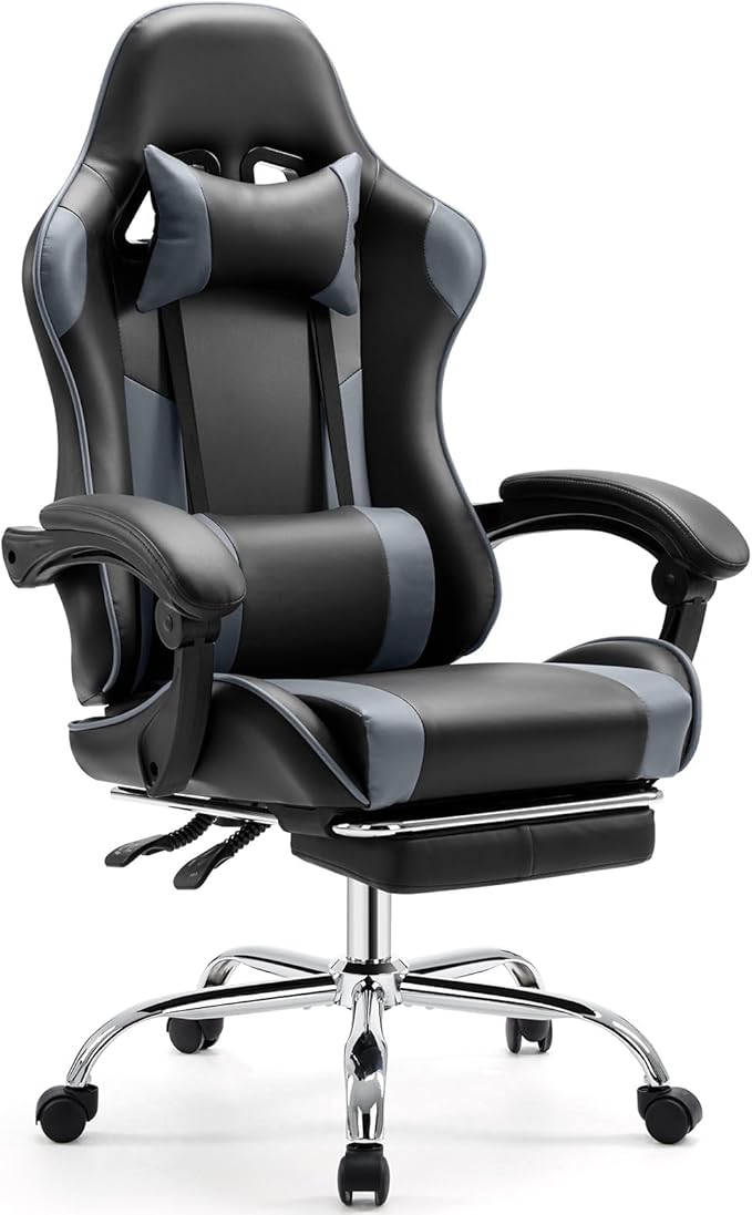 Video Game Desk Chair Ergonomic Computer with Footrest and Comfy Lumbar Support PU Leather Recliner with Headrest Fixed Up Armrest Height Adjustable with 360° Swivel for Adults Gray