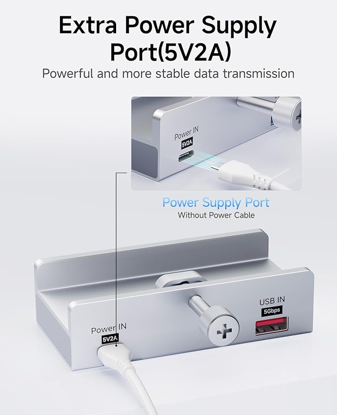 USB Hub 3.0 5Gbps Clamp USB Hub for Desk/Monitors with Extra Power Supply Port 3 USB-A Data Ports USB-C Data Port for iMac Pro/iMac (Silver)