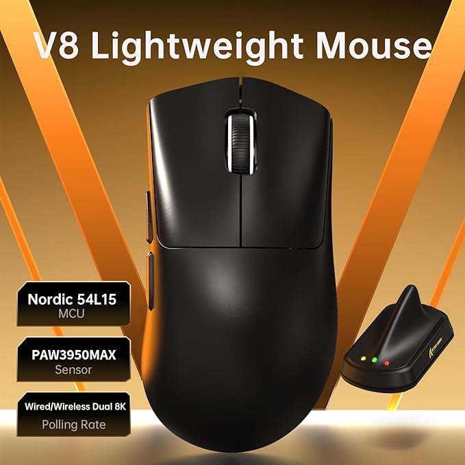 ATTACK SHARK V8 Wireless Gaming Mouse 59g Lightweight BT/2.4G Wireless/Wired Mouse PixArt PAW3950MAX Gaming Sensor 8K Polling42000 DPICoiled CableOffice Mice for PC/Win/Mac(Black)