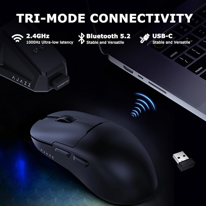AJ159P MC Wireless Gaming Mouse 12000 DPI Tri-Mode 2.4G/Bluetooth/Wired Magnetic RGB Charging Dock 56g Ultra-Light Programmable 6 Buttons - Perfect for Gaming Work &amp Travel (Black)