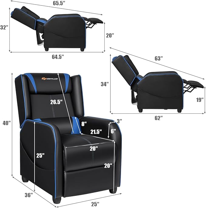 Goplus Massage Gaming Recliner Chair Racing Style PU Leather Single Recliner Sofa with Footrest Adjustable Modern Living Room Recliners Ergonomic Home Theater Recliner Seat (Blue)
