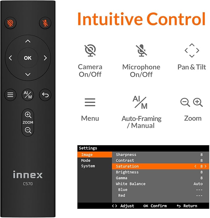 Innex C570 120-Degree Wide Angle Webcam 4K with AI Tracking Auto-Framing ePTZ Webcam with Microphone 5X Digital Zoom Remote Control Privacy Cover Conference Camera for Zoom Microsoft Teams