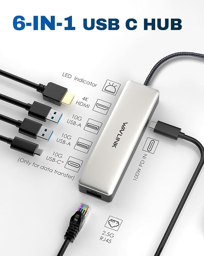 USB C Hub with Ethernet 2.5Gbps WAVLINK 6-in-1 USB C Hub 4K@120Hz HDMI 2.1 3 * 10Gbps USB-C/USB-A Ports 100W PD Charging for MacBook Pro/Air iPad Dell HP Lenovo Asus Acer