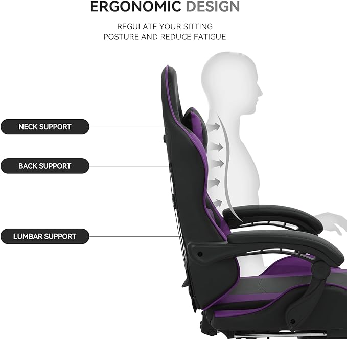 Gaming Chair Ergonomic Computer Chairs with Arms Lumbar Support Footrest Headrest 360°Swivel Chair Adjustable Back and Height Leather PC Chairs for Gaming Study Office Black/Purple