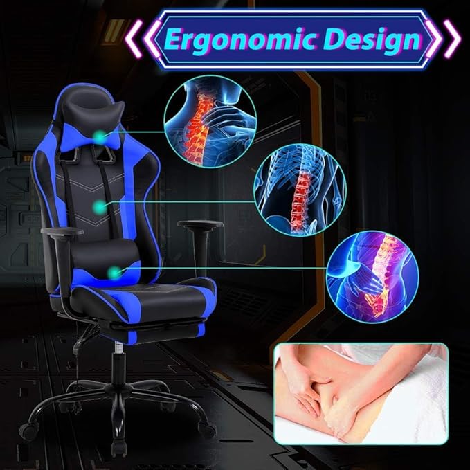 Gaming Chair With Footrest and Massage Lumbar Support Height Adjustable High Back Reclining Computer Chair for Adults - 360-Swivel Blue