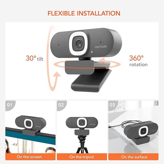 NUROUM V15AFL 2K Webcam with Ring Light for Streaming Autofocus Webcam for PC w/Noise Cancelling Dual Mics 1080P 60fps 75° FOV&ampLightweight USB Web Camera Plug&ampPlay for Zoom/Teams/OBS/Xspli