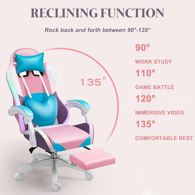 Gaming Chairs with LED Light Ergonomic Pro Video Game Chair with Bluetooth Speakers Office Chair with Lumbar Support Computer Chair for Retractible Footrest and Backrest AdjustableBlue