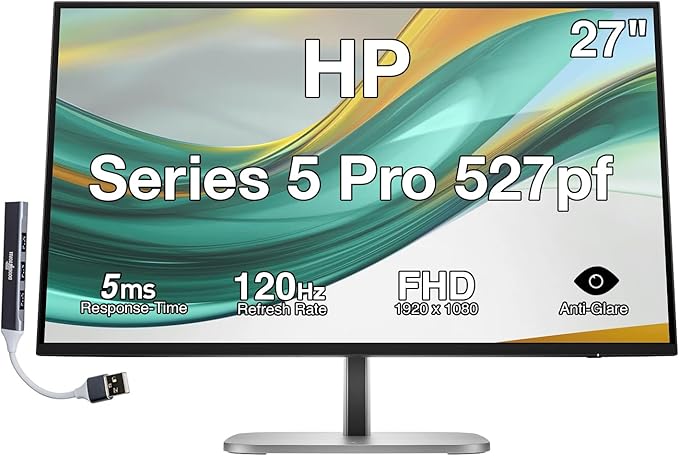 HP Series 5 Pro 527pf 27 FHD IPS Monitor with 5ms Response Time Anti Glare Flicker Free 350 Nits VESA Mount (100mm) Displayport HDMI &amp Dockztorm USB Port Expander Black Color (B28F5UT#ABA)