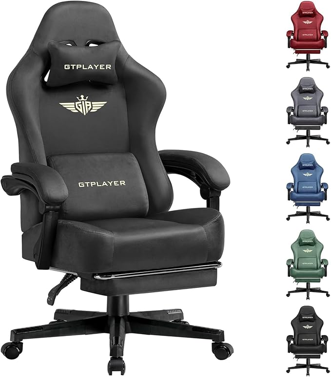 GTPLAYER Gaming Chair Fabric with Pocket Spring Cushion Big and Tall Gamings Chairs 350LBS High Back Computer Chair with Footrest for Adults Lumbar Support Swivel Game Chair for Office Dark Grey