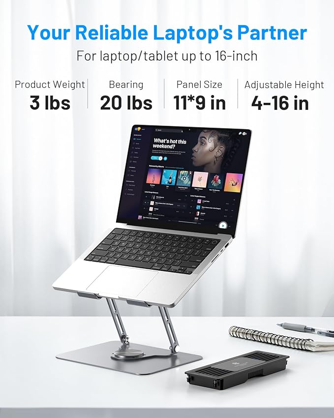 Laptop Cooling Pad with Detachable Fan &amp Cooler Adjustable Height &amp Angle 360 Rotation Base Carbon Steel Framework Ultra-Quiet &amp Super Sturdy for 15.6” Laptop DJ Mixer Workstation (Gr