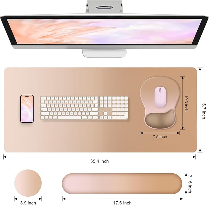 4-in-1 Large Gaming Mouse Pad Keyboard Wrist Rest Pad &amp Wrist Support Mousepad Set Extended Desk Pad Waterproof Desk Mat Protector for Home Office Decor Study Game 35.4×15.7 Inches I Milk Tea Br