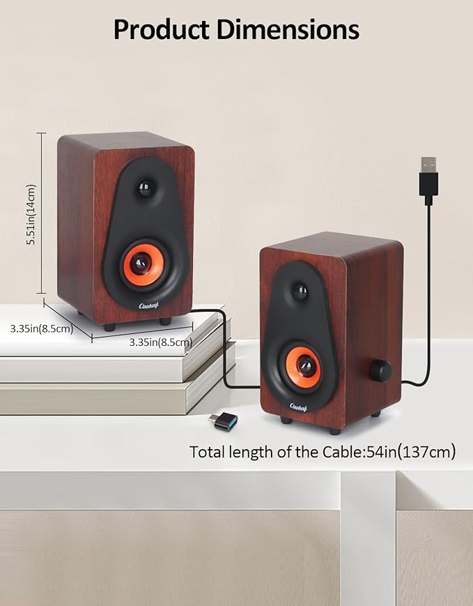 12W USB Computer Speakers 【2026 Update】 Wooden Desktop Speakers with Dual Diaphragms High-Fidelity Stereo for PC Laptop Monitor Tablet – USB Powered with Built-in Audio Output