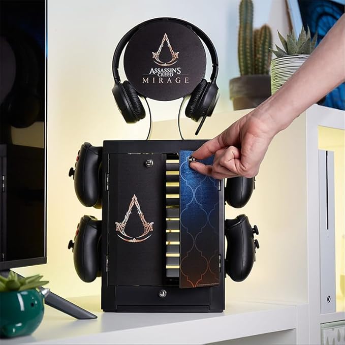 Numskull Official Assassins Creed Gaming Accessory Locker &amp Storage Stand – Holds 10 Games/DVDs 4 Controllers Headset &amp Accessories – Durable Compact Organizer – Official Assassins Creed Mer