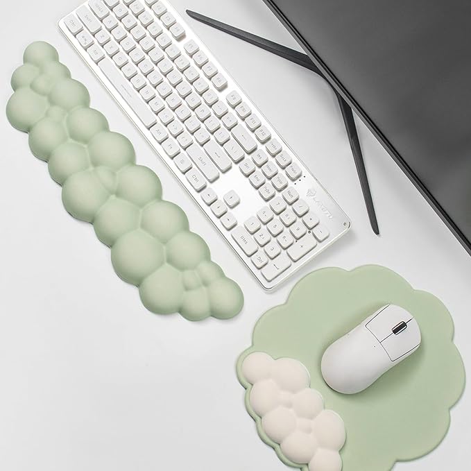 Ergonomic Mouse Pad and Keyboard Wrist Rest - Green Cloud Wrist Rest Keyboard with Mouse Wrist Pad Sets Soft Memory Foam Wrist Support for Laptop Mac Office Work Gaming