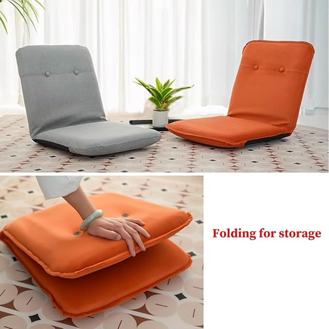 ELEFOCUS Folding Floor Chair with 5 Adjustable Positions Floor Lazy Gaming Sofa Chair Linen Fabric Padded Meditation Chairs(Orange)