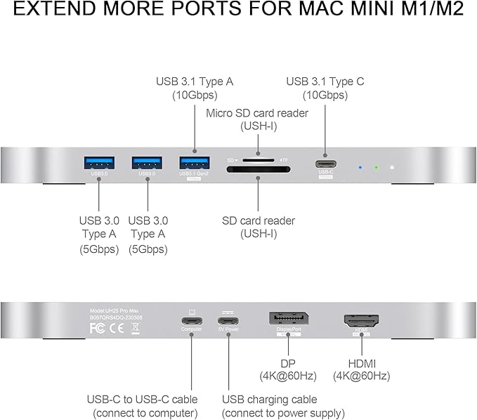 Qwiizlab Dual Drive Enclosure with Docking Station for Mac mini Mac Studio 10Gbps USB-C Hub Card Readers 104MB/s 4K HDMI &amp DP Fits M.2 NVMe/SATA SSD 2.5-inch SATA SSD/HDD (Silver)