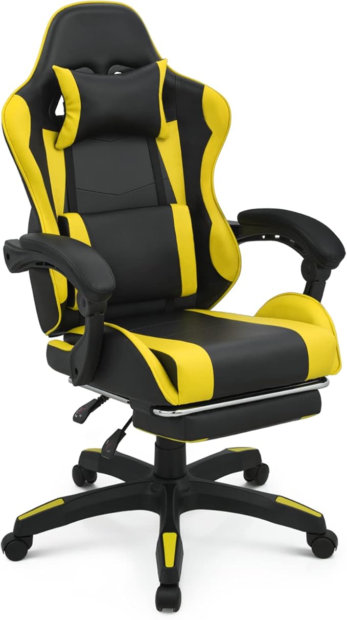 MoNiBloom Gaming Chair Office Chair Leather High Back Computer Chair with Headrest and Lumbar Support 360° Swivel Ergonomic Footrest Adjustable Gamer Chair for Adult Teen Home Office Using Yellow