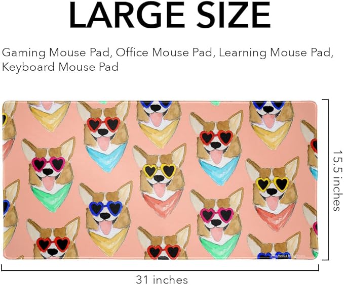 Corgi Dog Puppy Love Glasses Pattern Large Gaming Mouse Pad Desk Mat with Stitched Edges Non-Slip Base