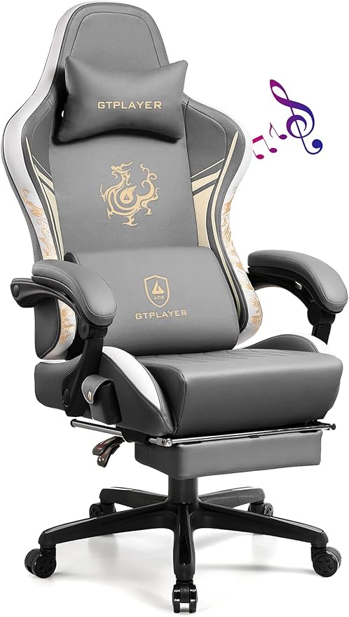 GTPLAYER Gaming Chair with Bluetooth Speakers and Footrest Dragon Series Video Game Chairs Heavy Duty Ergonomic Chairs Esports Gaming Computer Office Chair (Gray)