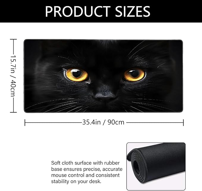 Black Animal Cat Eye Large Mouse Pad Gaming Mousepad Desk Mat for Desktop Computer Keyboard Waterproof Mouse Mat Desk Pad with Non-Slip Base for Game School Office Home 35.4 x 15.7