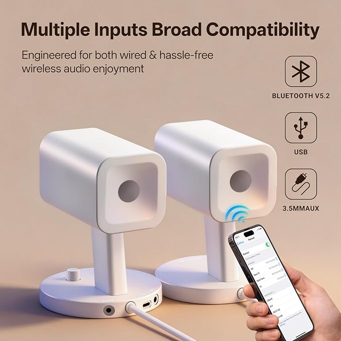 Sanyun SW202 24W Compact Computer Speakers DSP 3 Modes 16bit USB DAC Bluetooth 5.2 2.0 PC Multimedia RGB Gaming Speakers for Desktop Monitor Laptop (Game/Movie/Music White)