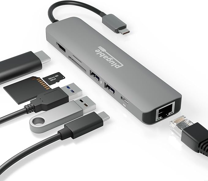 Plugable 7-in-1 USB C Hub Multiport Adapter with Ethernet Driverless Compatibility with Mac Windows iPhone 15 Chromebook USB4 Thunderbolt 100W Charging Ethernet 4K60Hz HDMI 2X USB SD/microSD
