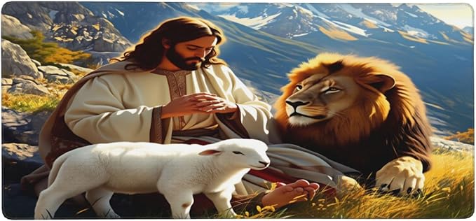 XXL Gaming Mouse Pad Extended (35.5X16) Jesus with Lion &amp Lamb Large Non-Slip Desk Mat Water-Resistant Keyboard Mousepad for Office &amp Home