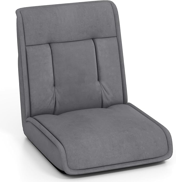 COSTWAY Folding Floor Chair Convertible Lazy Sofa Chair with 14-Poistion Adjustable Backrest 5-Position Adjustable Headrest Cushioned Floor Gaming Chair for Adults Reading Meditating (Grey)