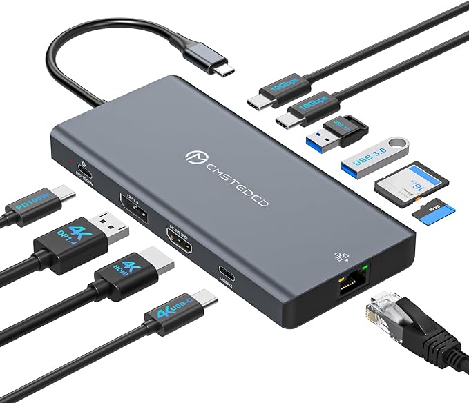 Laptop Docking Station 3 Monitors 4K@120Hz DisplayPort 4K@60Hz HDMI 4K@60Hz USBC12 in 1 USB C Video Output for Multiple Monitor Dock USB A 3.0 USB C 3.2 10Gbps Ports 100W PD SD/TF