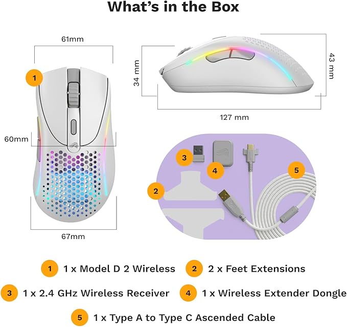 Glorious Gaming - Model D 2 Wireless Ergonomic Mouse Superlight 66g up to 210 hr Battery Life 26K Optical Sensor 6 Programmable Buttons 80 Million Clicks FPS MMO MOBA Battle Royale (White)
