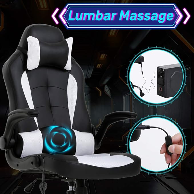 Gaming Chair Ergonomic Home Office Video Game Chairs Massage PU Leather Computer Chair Adjustable Swivel Chairs with Lumbar Support Headrest White
