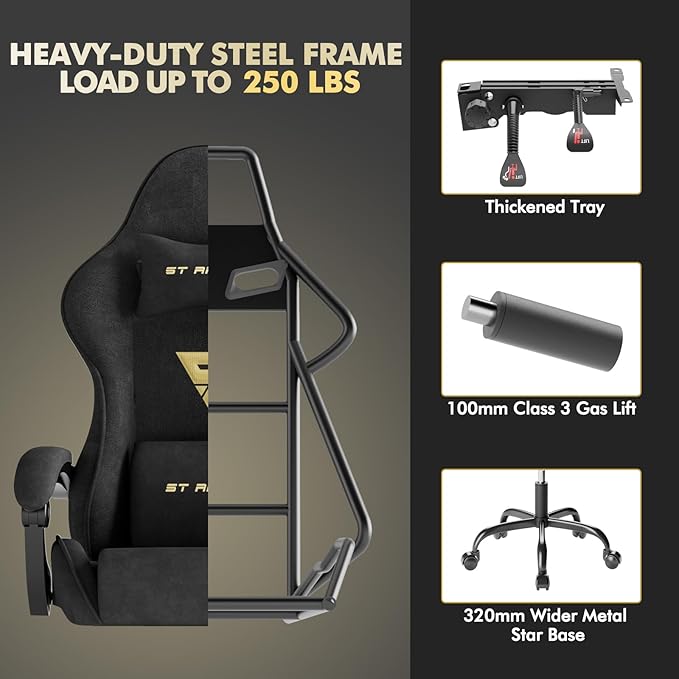 Soontrans Black Velvet Fabric Gaming Chair with Footrest Reclining Office Computer Desk Game Chairs with Massage Lumbar CushionHeadrestErgonomic Comfortable Video Gamer Chair for Adult