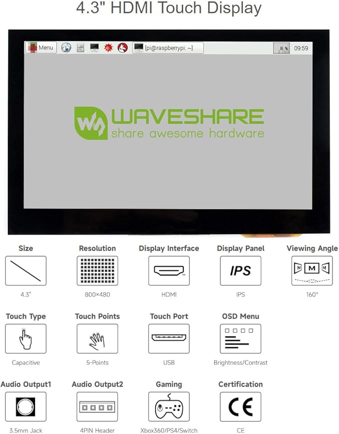 waveshare 4.3inch Capacitive Touch Screen LCD Compatible with Raspberry Pi 5/4B/3B+/3A+/2B/B+/A+/Zero/Zero W/WH/Zero 2W CM3+/4 800×480 Resolution HDMI IPS Supports Jetson Nano/Windows